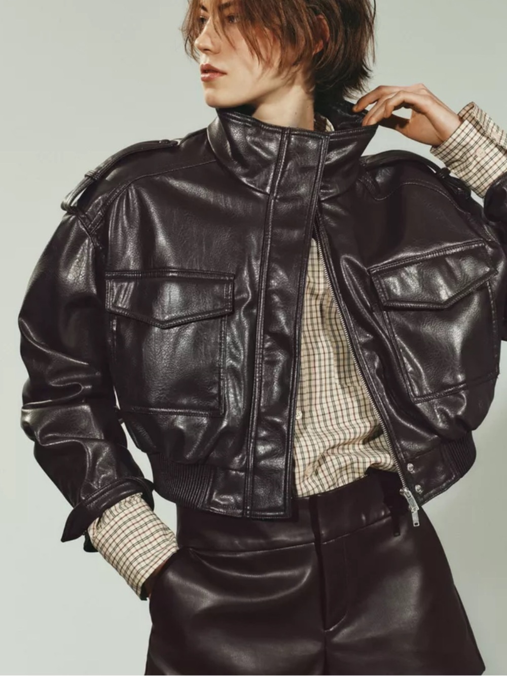 Zara Faux Leather Cargo Pocket Cropped Bomber Jacket size large - Picture 2 of 12